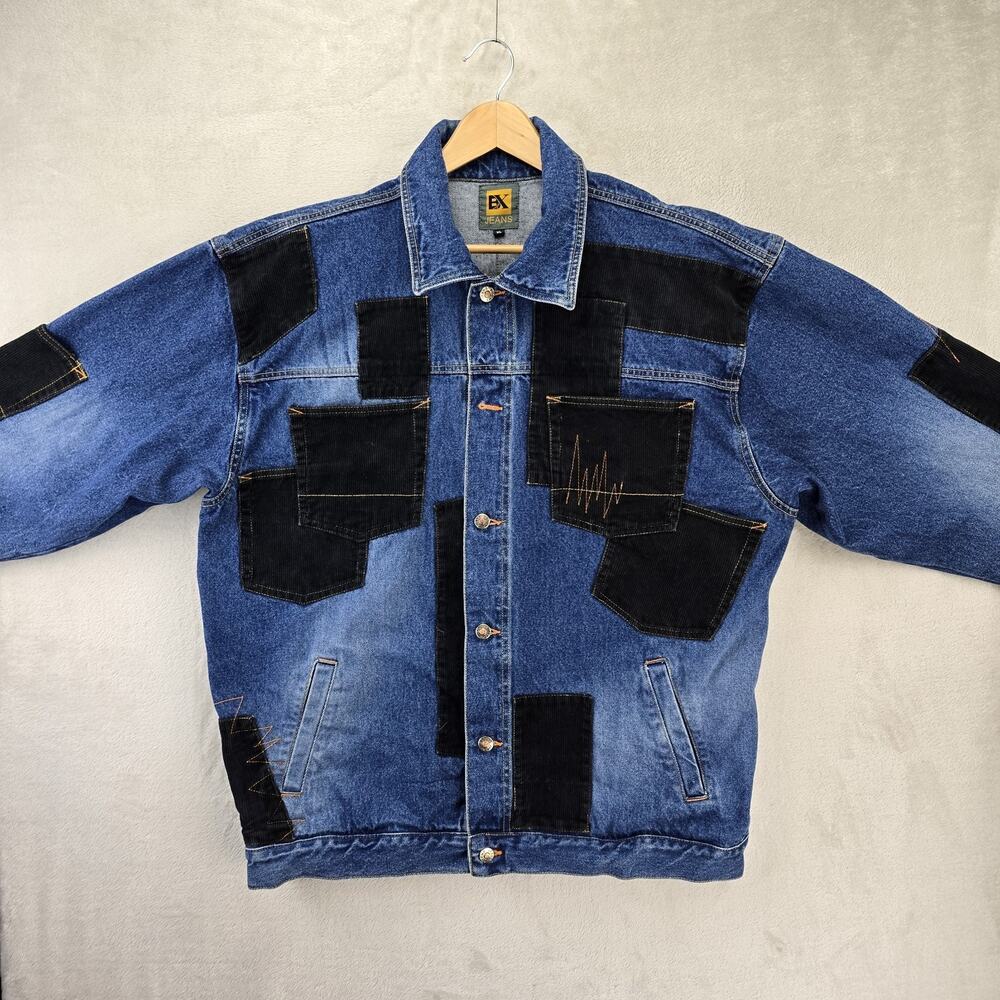 VTG Boom X Jean Jacket Mens XL Blue Denim Corduroy Patchwork Trucker Y2K FLAWS - Picture 2 of 15